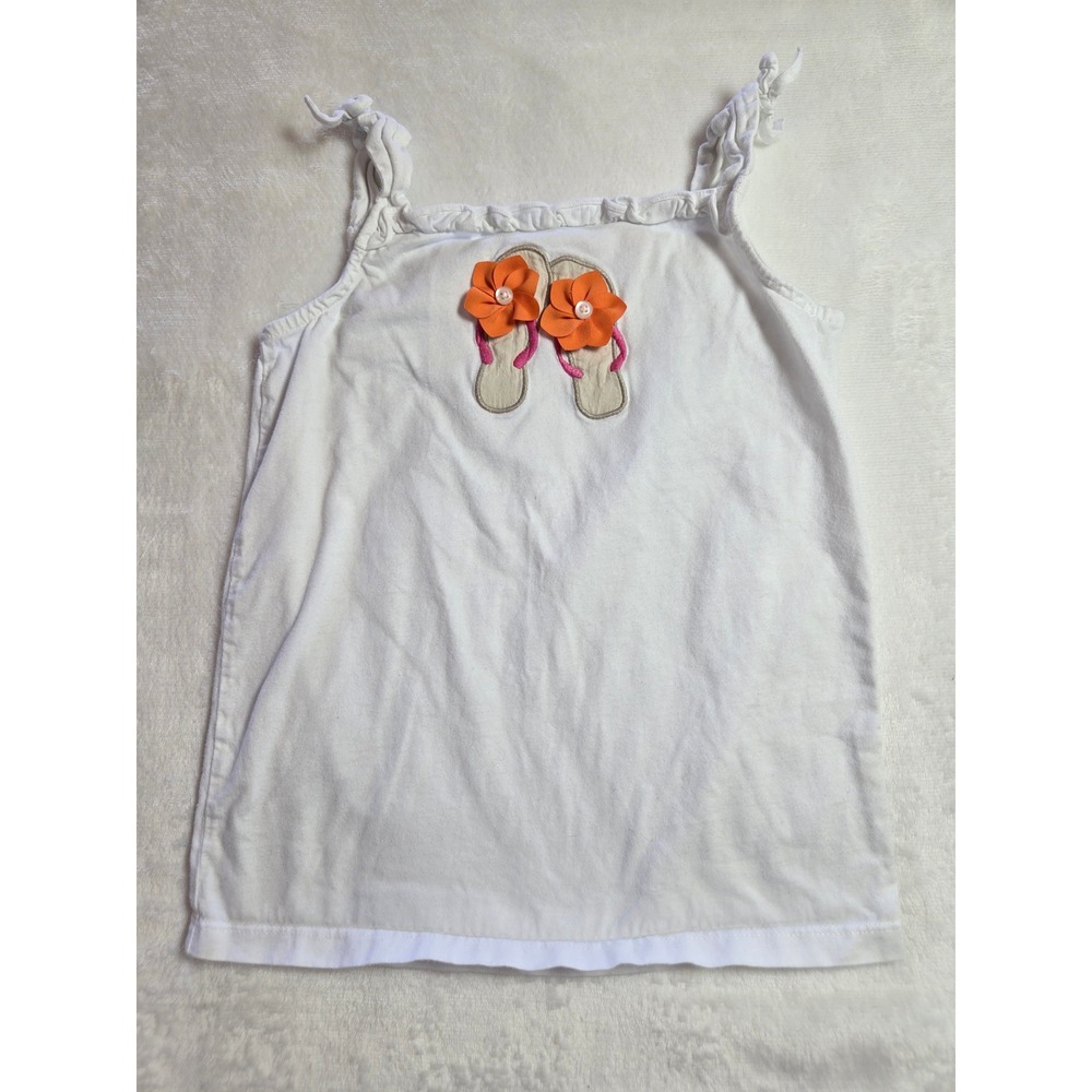 Janie and Jack Girls White Flip Flop Applique Tank Top‎ Size 7 3D Flower Tie